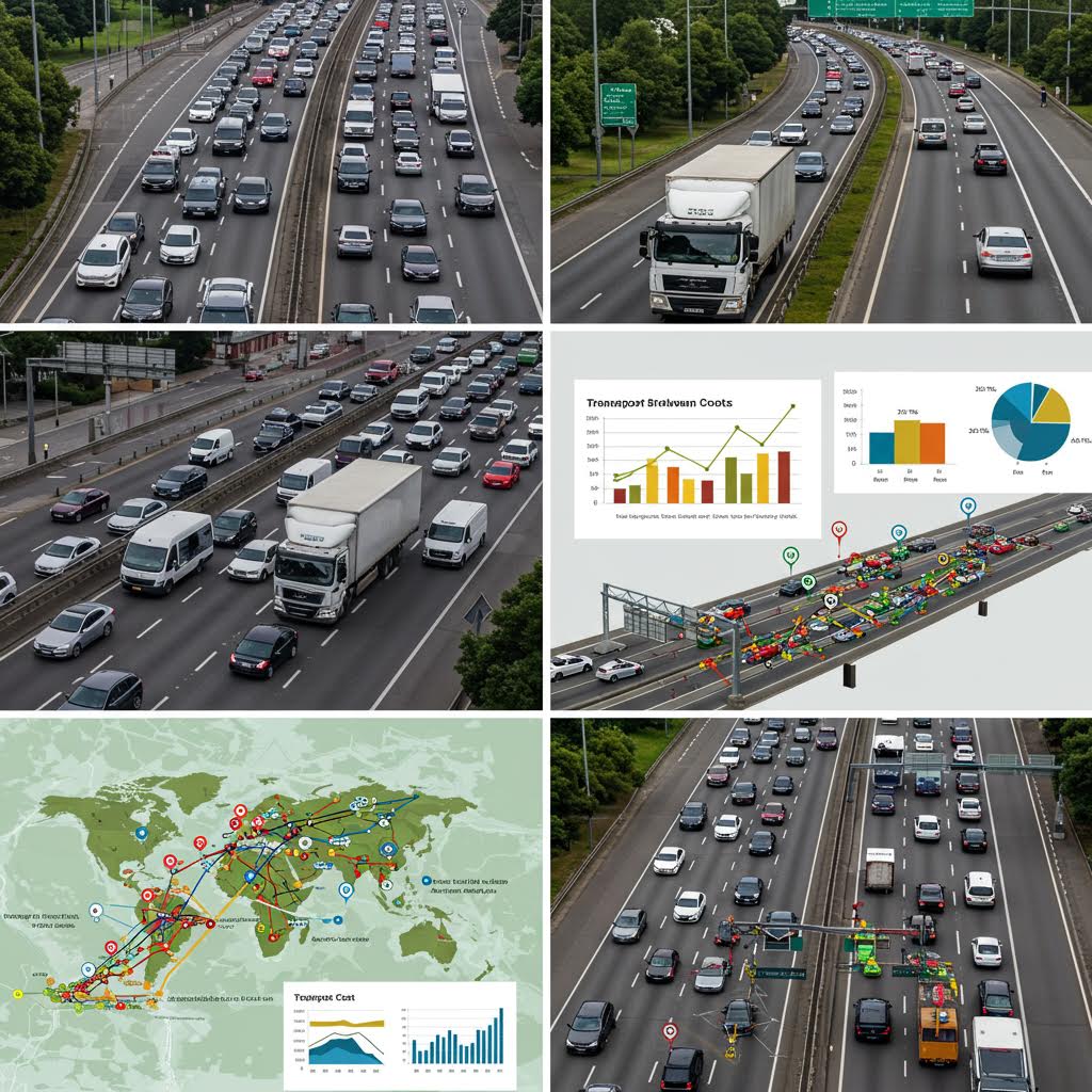 고속도로 위 차량 흐름과 물류 트럭이 포착된 장면에 데이터 차트가 결합되어 루믹스와 연계된 교통 관리 체계를 드러낸 이미지