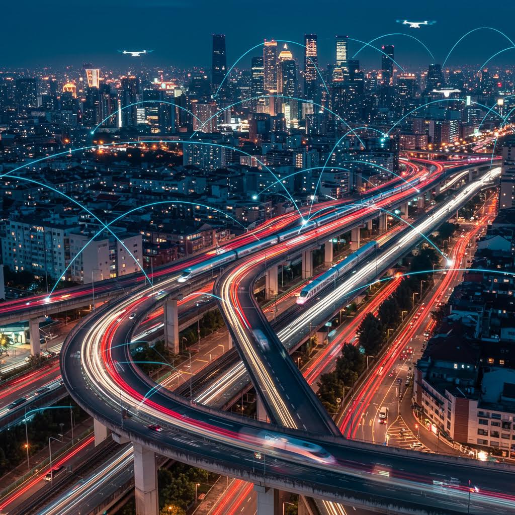 빌딩과 도로가 연결된 야경 풍경 위로 떠오른 백오피스 디지털 선들이 루믹스의 미래형 네트워크를 드러내는 흐름