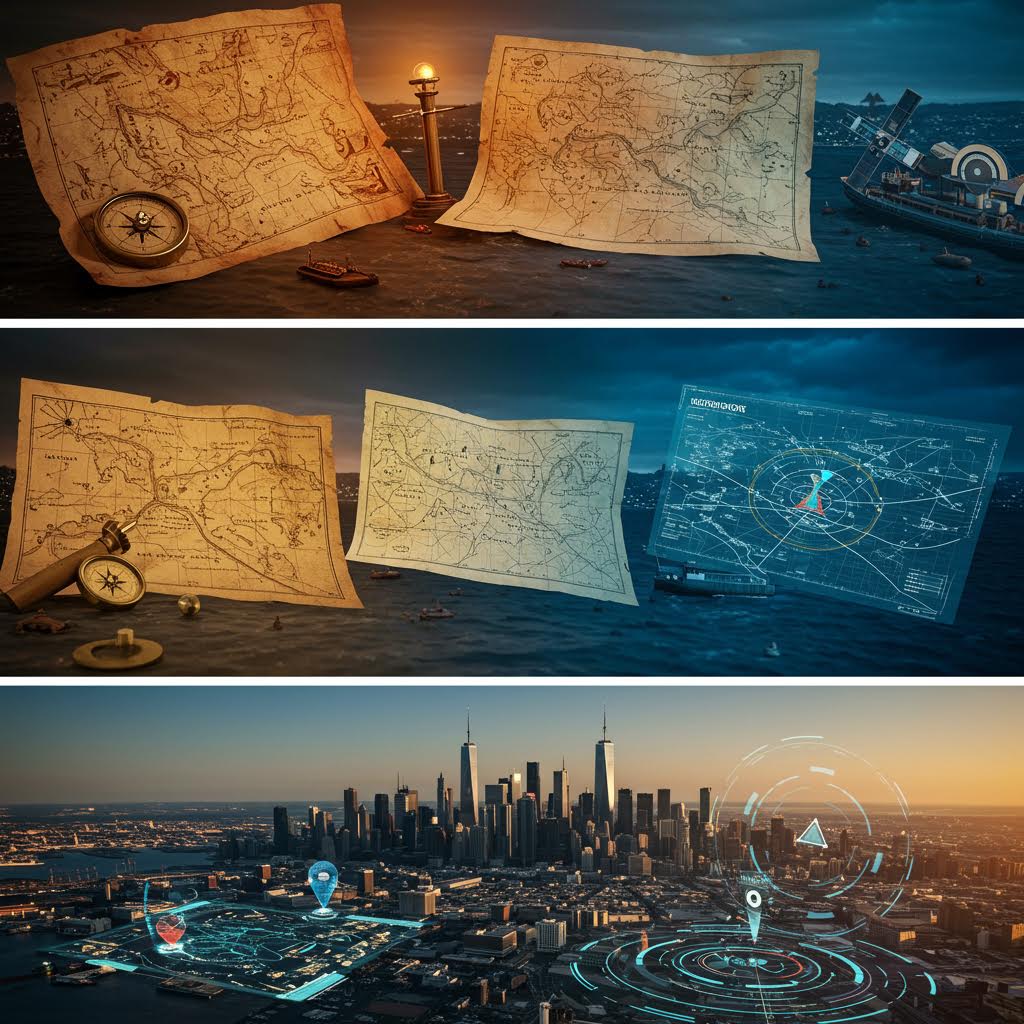 낡은 항해 지도와 나침반이 놓인 장면을 드러내는 길 안내의 전통과 현대적 해석이 맞닿은 순간