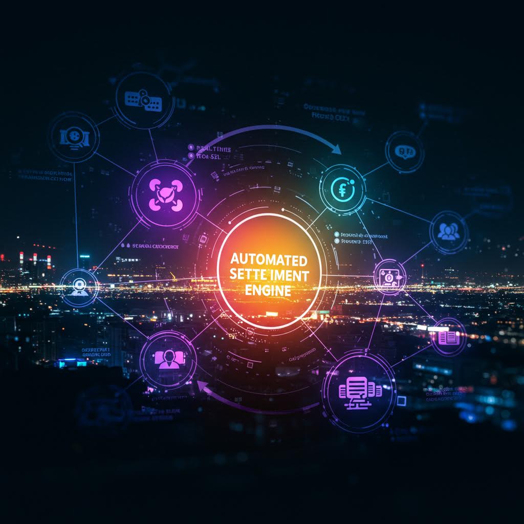 원형 인터페이스 중심에 자동화 엔진이 강조되고 주변 아이콘이 연결된 구조로 아키텍처 기반 시스템을 드러낸 그래픽