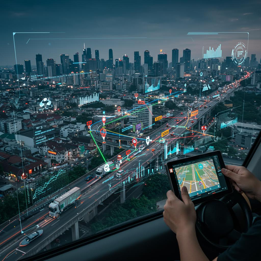 도시 전경과 함께 표시된 경로 데이터와 손에 든 네비게이션은 루믹스를 담아낸 실시간 제어의 순간