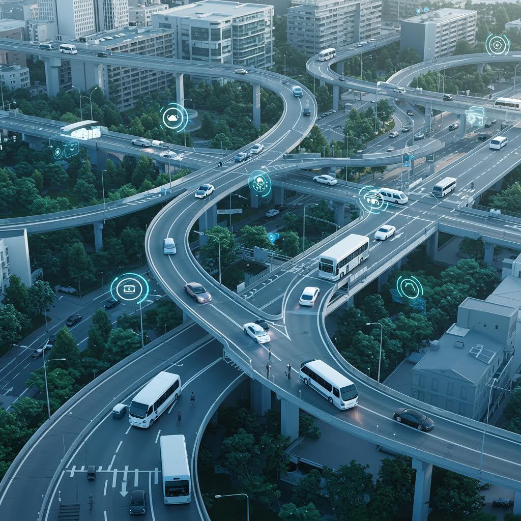 도시 고속도로 위 자율주행 차량과 교통 데이터 아이콘이 함께 배치되어 루믹스와 연계된 물류 흐름을 드러낸 이미지
