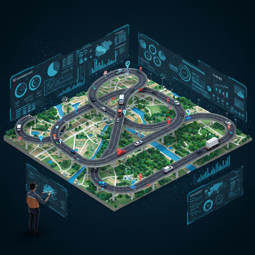 경로 분석 화면 속 도로 네트워크와 조작하는 인물의 모습은 루믹스를 비춰내는 효율적 제어의 인상