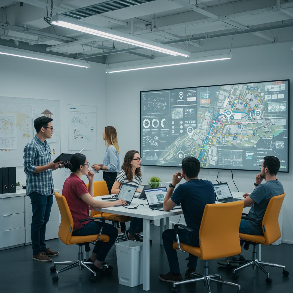 회의실에서 지도를 분석하는 사람들과 대형 스크린 속 경로 데이터가 루믹스를 연상시키며 솔루션 기반 운영을 드러내는 장면