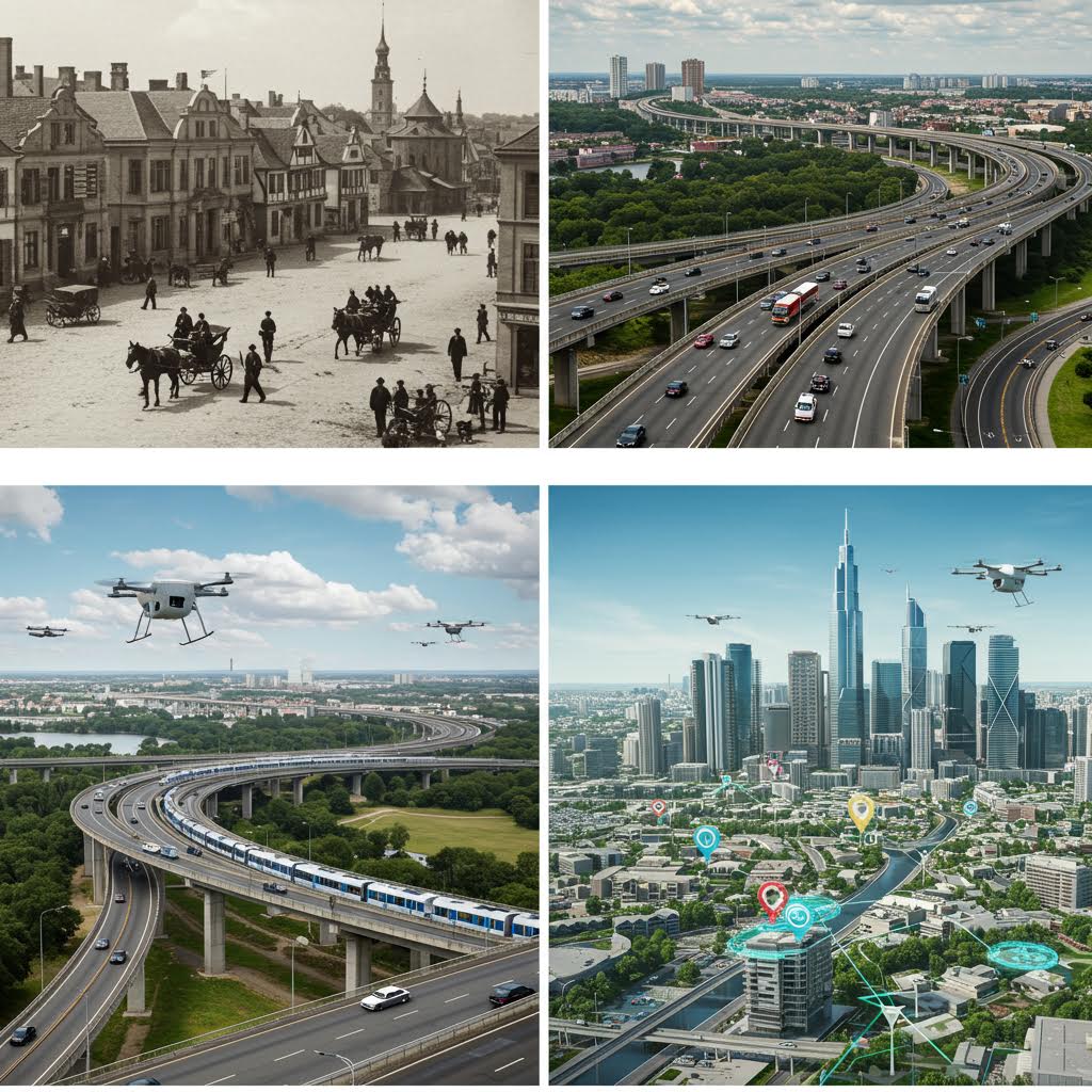 옛 마차 도로에서 현대 고속도로와 드론이 공존하는 회계 대비가 루믹스의 솔루션 운영 전환을 은유하는 장면