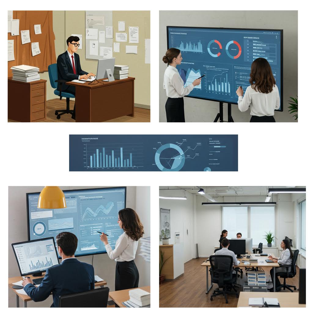 사무실에서 그래프와 차트를 보며 전략을 논의하는 사람들이 데이터 기반 의사결정을 보여주는 장면