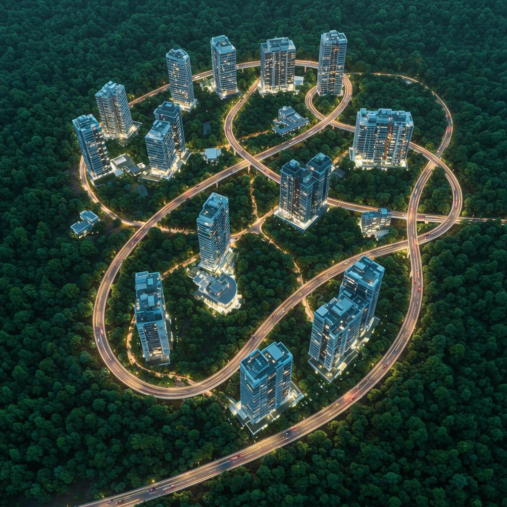 야간 숲 속을 연결하는 도로와 건물 조명이 네트워크처럼 빛나며 루믹스와 연계된 실시간 정산 흐름을 나타낸 장면