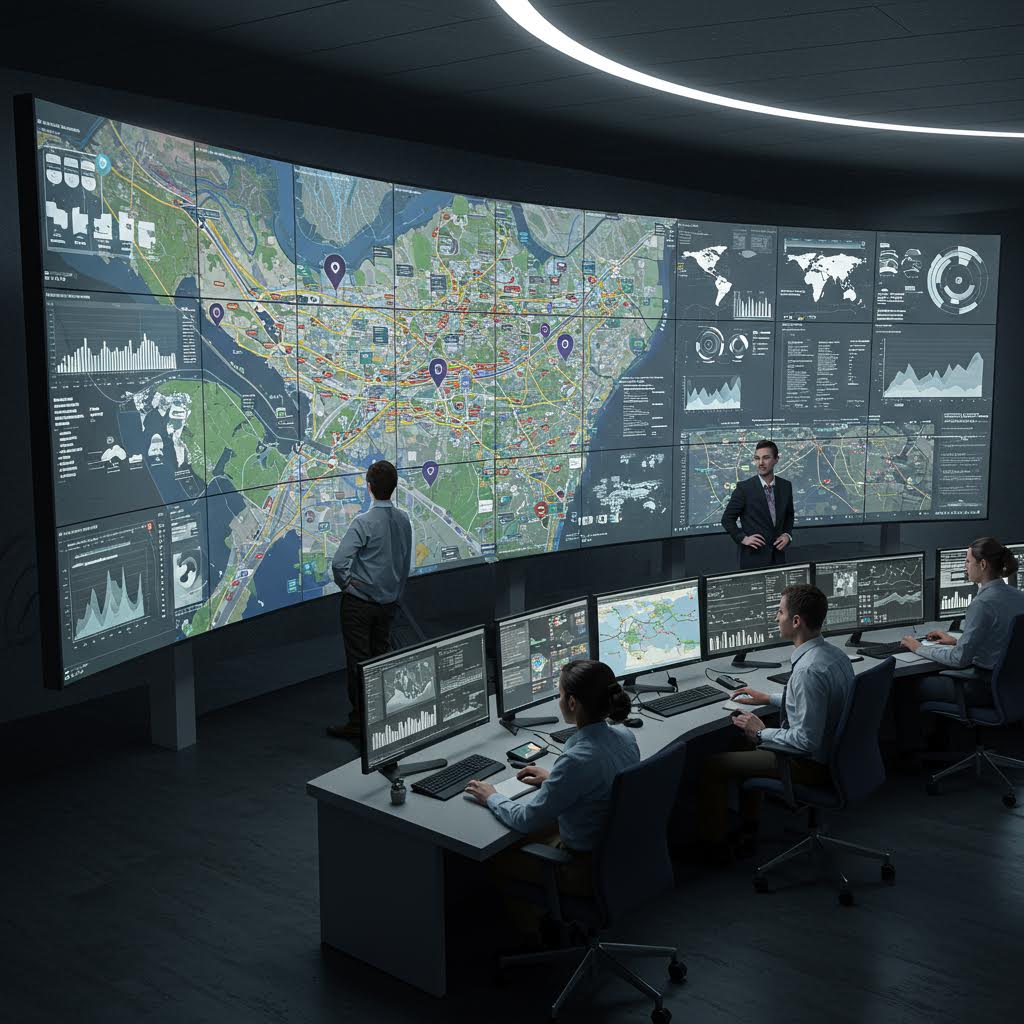 제어실 전경 속에서 지도 기반 네비게이션 정보와 물류 데이터가 루믹스 플랫폼을 통해 통합 관리되는 이미지