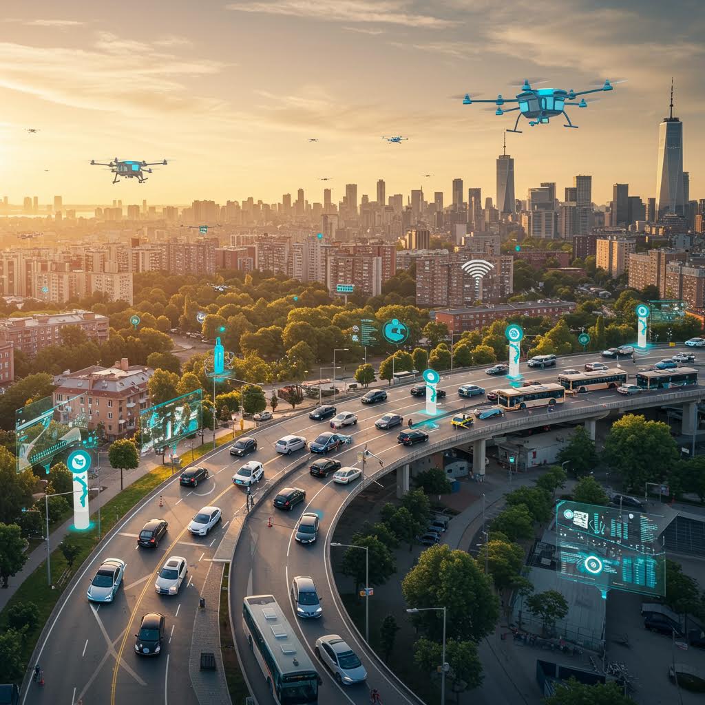 도심의 고속도로 위로 차량들이 주행하고 드론이 비행하며 디지털 아이콘이 떠올라 스마트 교통 혁신을 상징하는 장면