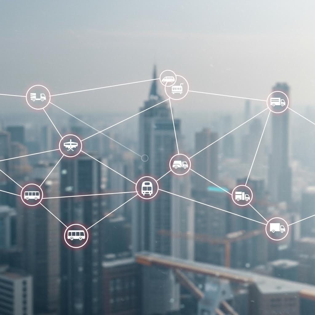 버스와 차량 심볼이 선으로 연동된 구조가 도시 배경과 결합해 루믹스 기반 교통 데이터 체계를 표현한 그림