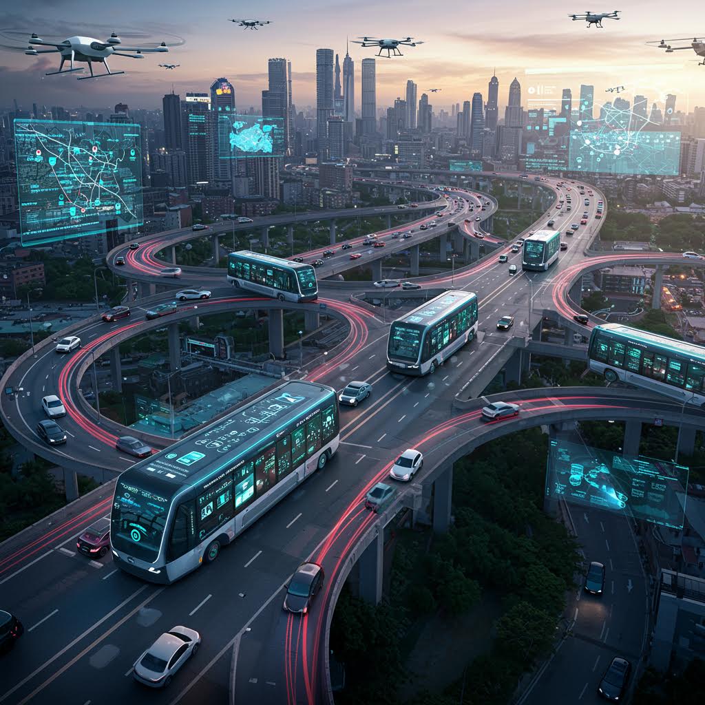 스마트 도로 위에서 자율주행 버스와 드론이 함께 운행되는 장면 속에서 루믹스가 교통 데이터 흐름을 제어하는 이미지