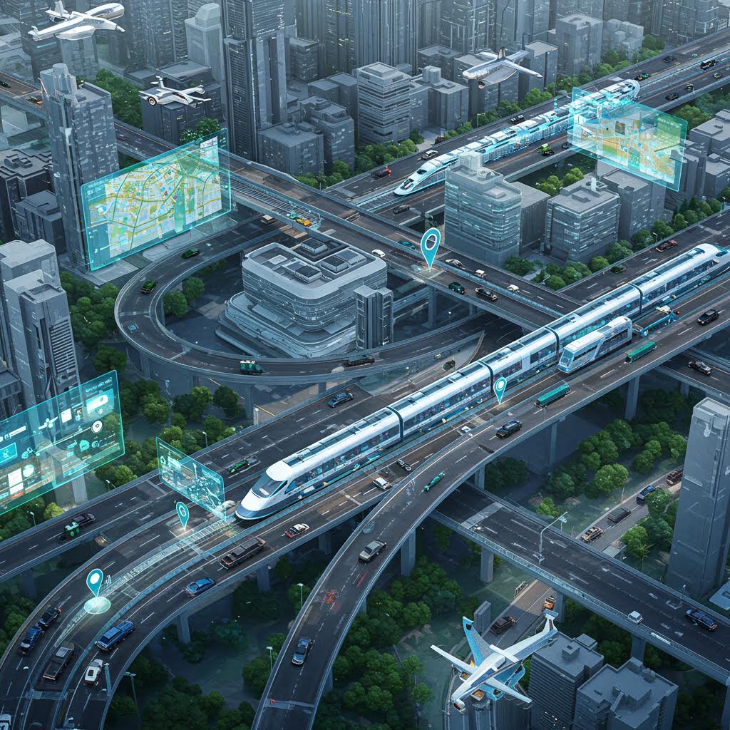 드론과 항공기, 지도 아이콘이 함께 표시된 도심 전경은 루믹스를 담아낸 실시간 운송 관리의 순간