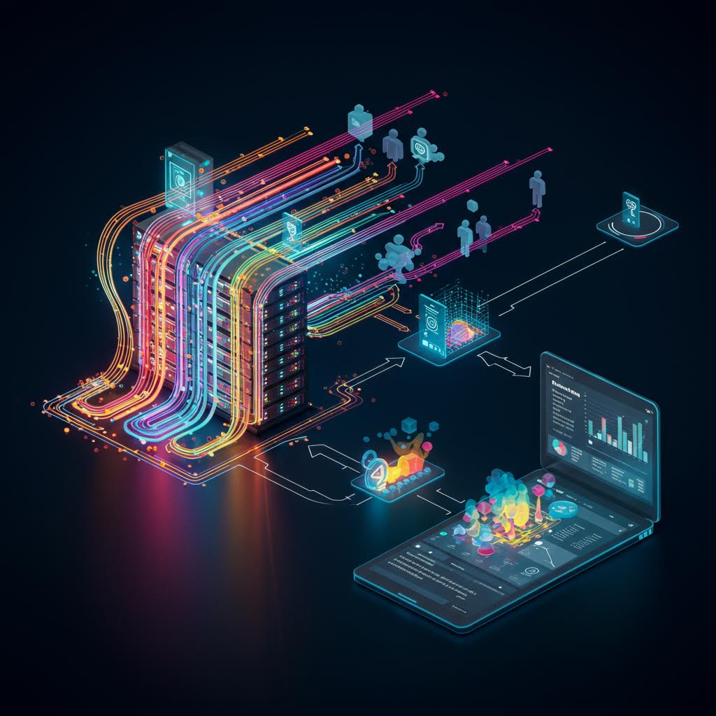 네온빛 그래픽으로 표현된 네비게이션 데이터 흐름과 노트북이 연결된 이미지는 루믹스의 실시간 연동 프로세스