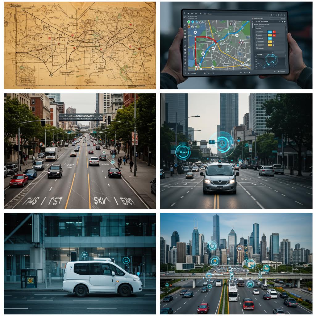 도심의 도로 위에 센서와 데이터 그래픽이 겹쳐지며 운송 최적화가 드러나는 모습에서 루믹스 솔루션을 연상시키는 운영의 순간