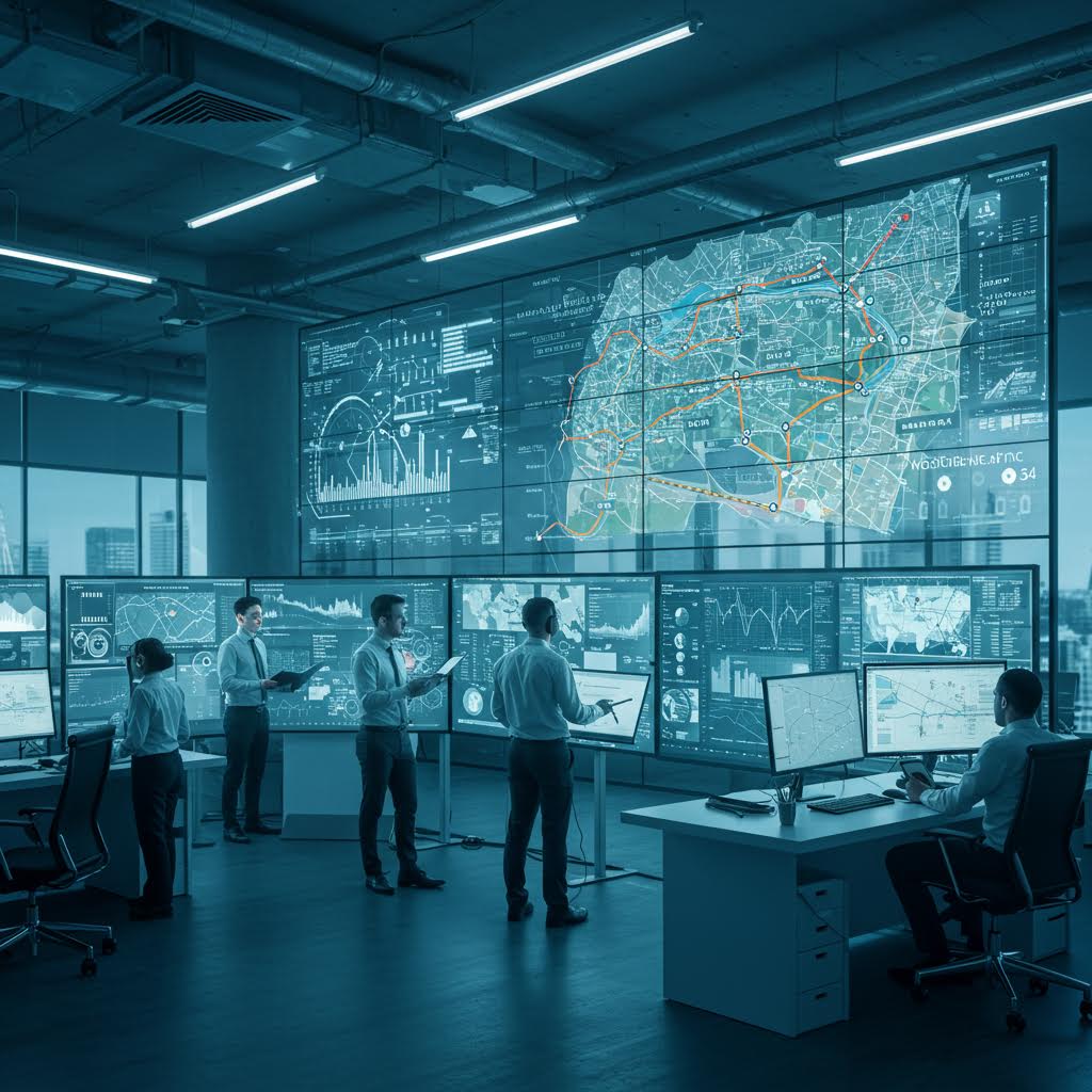 실시간 정보가 시각화된 대시보드와 운영자의 협업 장면이 어우러져 루믹스 관련 통합 제어 방식을 드러낸 그림