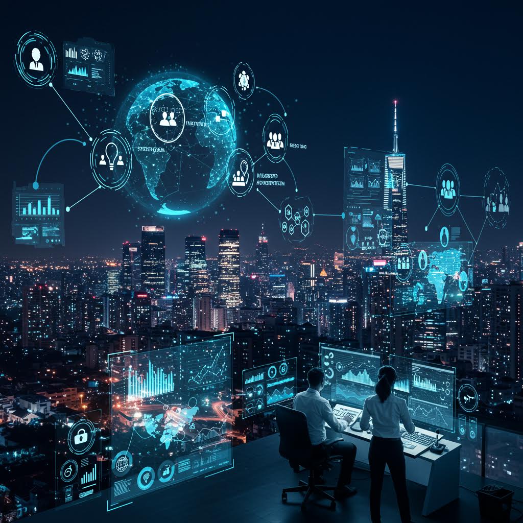 야경 도시 위로 떠오른 디지털 지구본과 분석 인터페이스 장면에서 루믹스가 정보 흐름을 통합하는 기술적 이미지