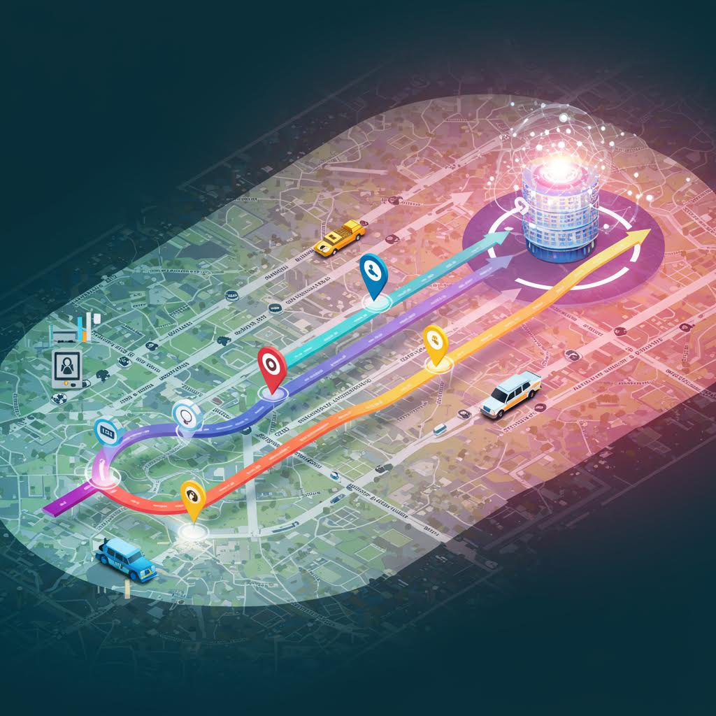 지도 위로 여러 경로와 차량이 데이터 라인으로 연결된 모습이 루믹스를 연상시키며 정산 아키텍처의 실시간 구축을 표현한 장면