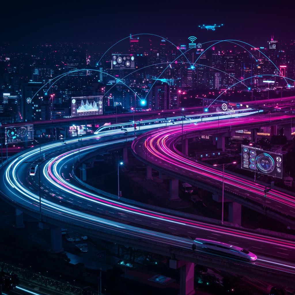 드론과 인터페이스가 함께 나타난 도시 고속도로 풍경이 루믹스를 은유하며 정교한 구축 과정을 상징하는 모습