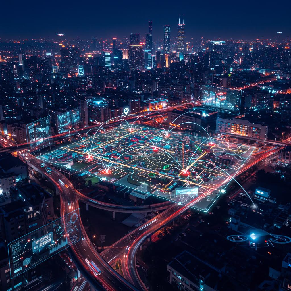 야경 속 도심 도로 위에 교통 데이터와 네트워크 라인이 시각화된 장면, 이는 루믹스를 연상시키는 운영 구축 솔루션을 은유적으로 표현하고 있다