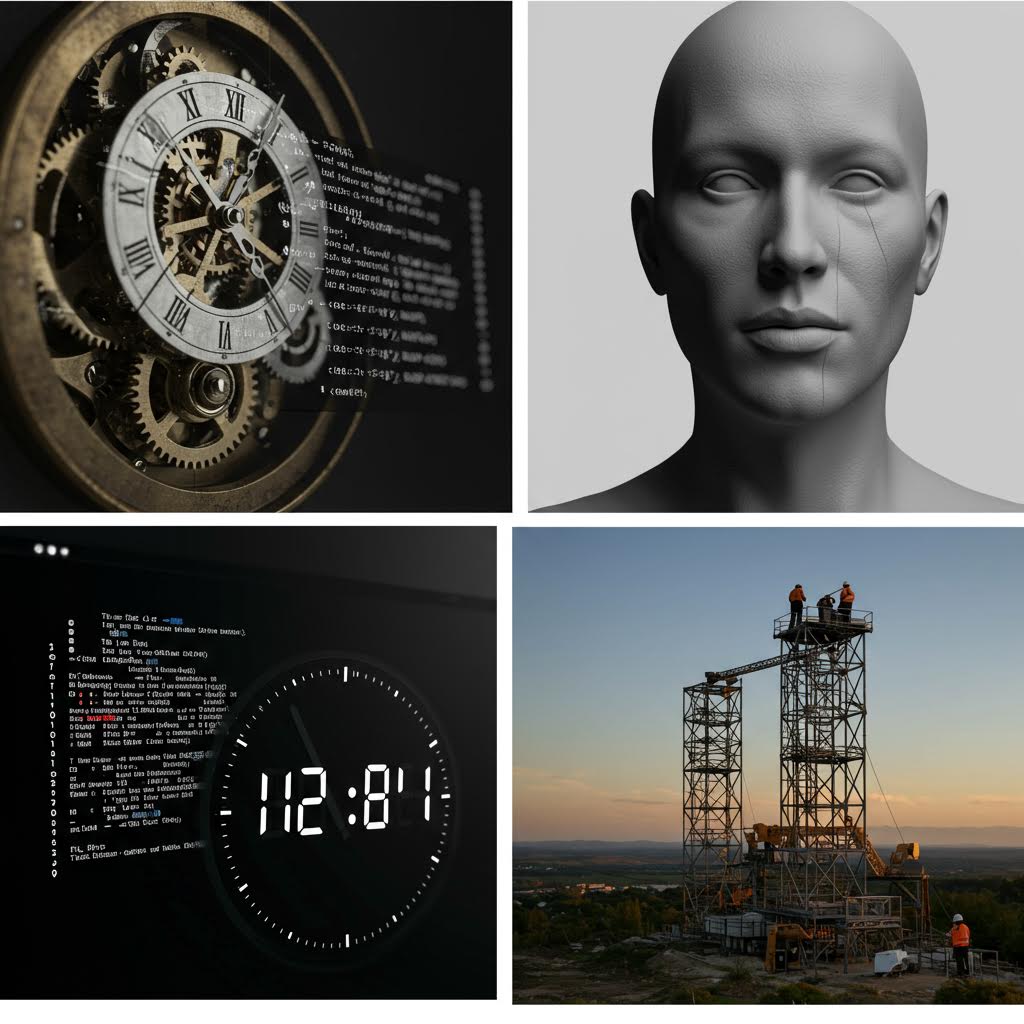 정교한 시계 톱니와 코드가 겹쳐지며 시간과 기술의 논리가 하나로 이어지는 구조적 인상