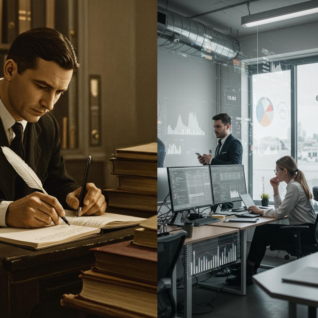 오래된 기후 기록 장부 위에 풍력·태양광 발전소 사진과 실시간 에너지 대시보드가 겹쳐져 있다. 과거 데이터와 현대 재생에너지 모니터링의 융합을 보여주는 콜라주.