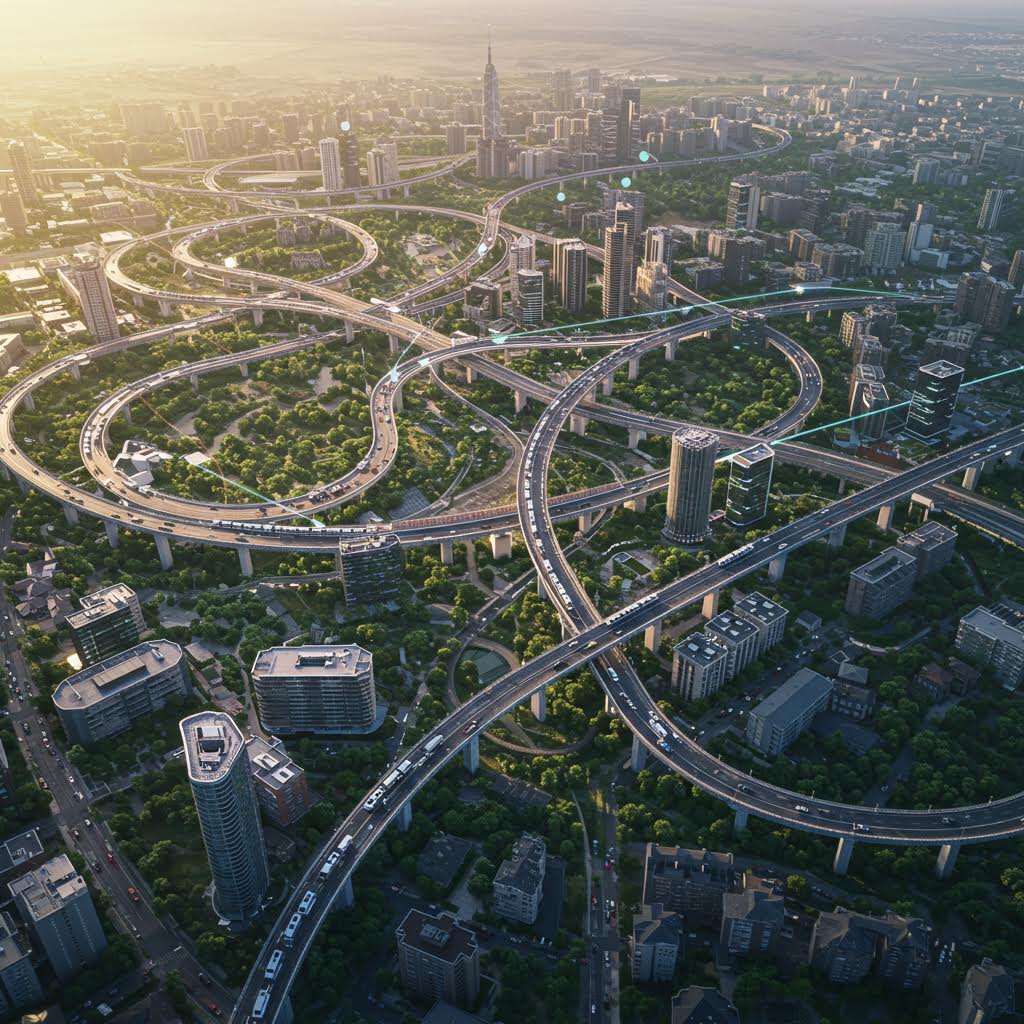 복잡하게 얽힌 도시 고속도로와 빌딩이 조화를 이루는 항공 전경으로, 루믹스의 스마트 교통 인프라 분석 기술을 상징적으로 보여준다.