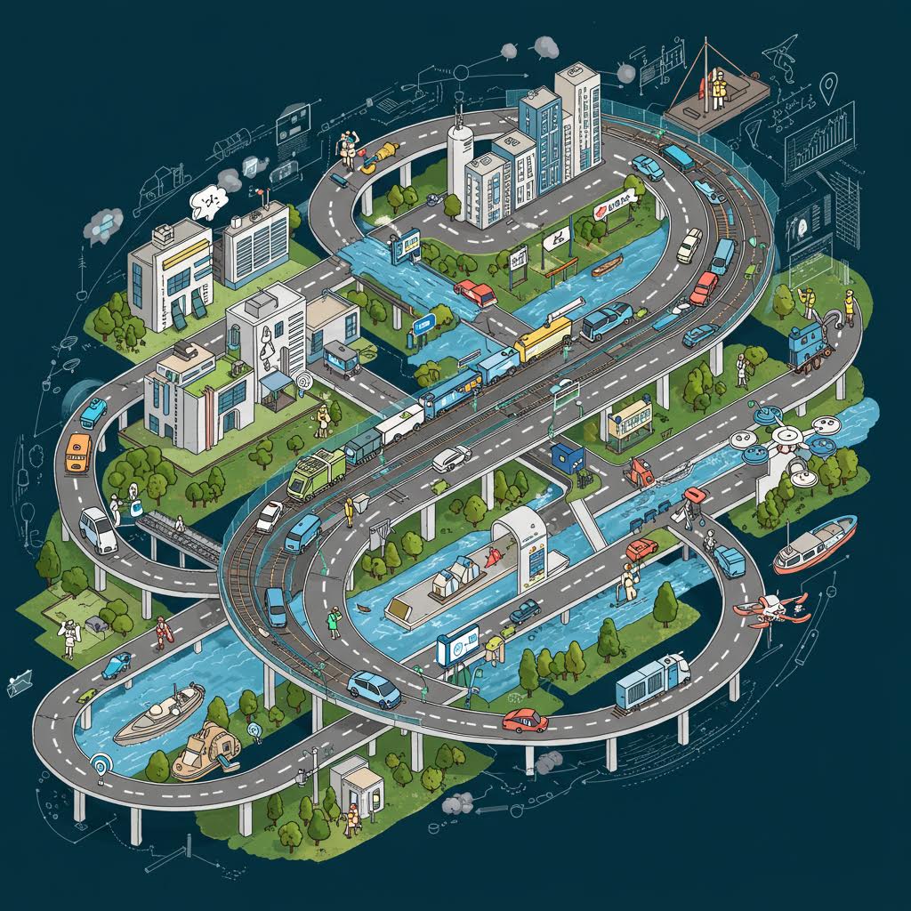 야경 도시 스카이라인 위에 문서, 검색, 분석, 계산기 등 비즈니스 아이콘들이 네온 네트워크로 연결되어 있다. 디지털 거버넌스와 스마트 도시 관리 시스템의 추상적 표현.