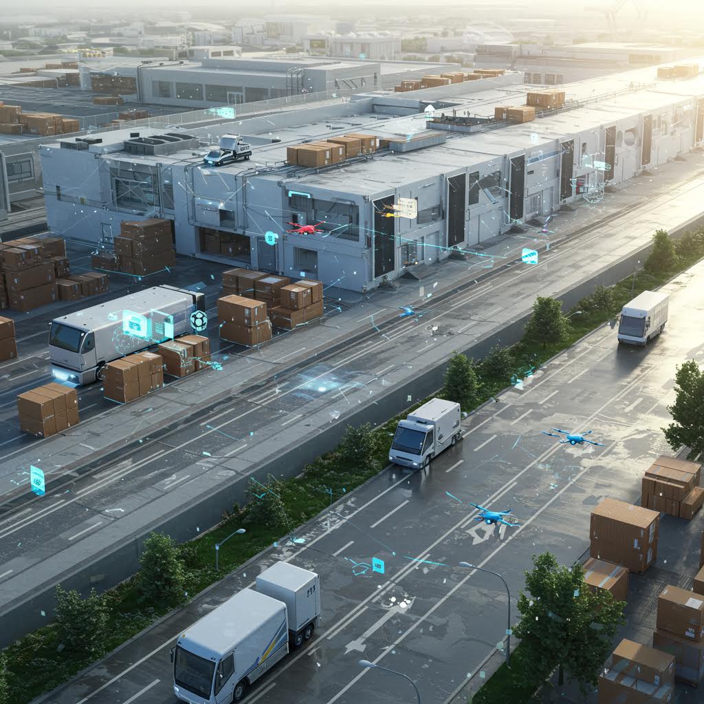 자동화된 물류 창고와 자율주행 트럭이 움직이는 스마트 물류 시스템의 장면. 루믹스솔루션을 기반으로 한 실시간 배송 관리와 드론 모니터링 기술이 물류 효율성과 정확도를 극대화하는 미래형 유통 환경을 표현하고 있다.