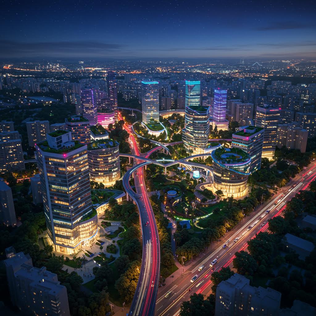 6단계 진화 콜라주: 왼쪽은 전통 초가집 마을에 사람들이 모인 과거, 오른쪽은 현대적 에코 빌리지와 스마트 시티로 점차 발전하는 지속 가능한 정주지의 미래.