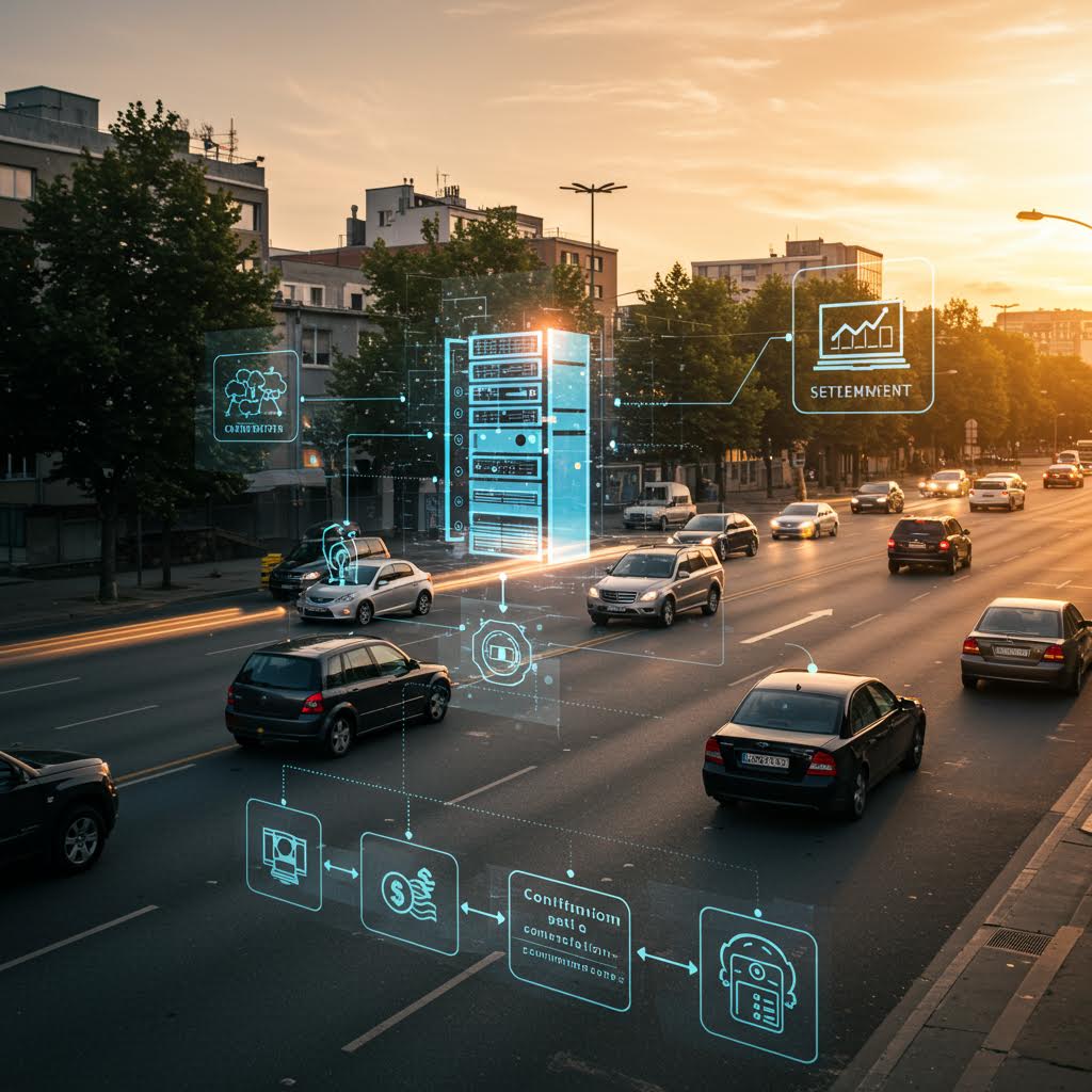 도심 도로 위 차량들이 디지털 네트워크와 연결된 모습으로, 루믹스의 스마트 교통 데이터 관리 기술을 시각적으로 표현한 장면이다.