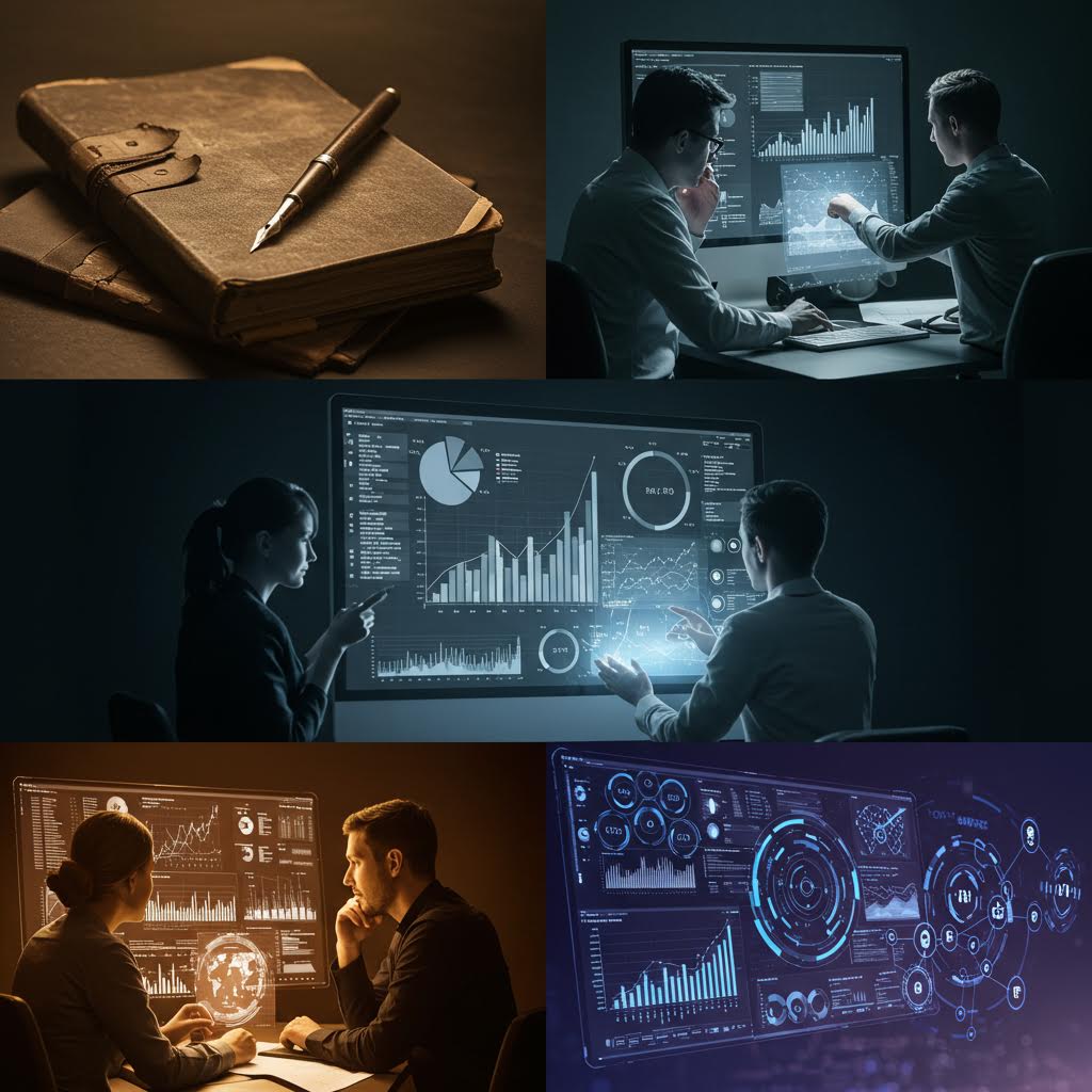 데이터 분석의 진화를 보여주는 5장 콜라주: 빈티지 가죽 저널과 펜부터 미래형 홀로그램 대시보드, 원형 인터페이스를 사용하는 전문가들까지