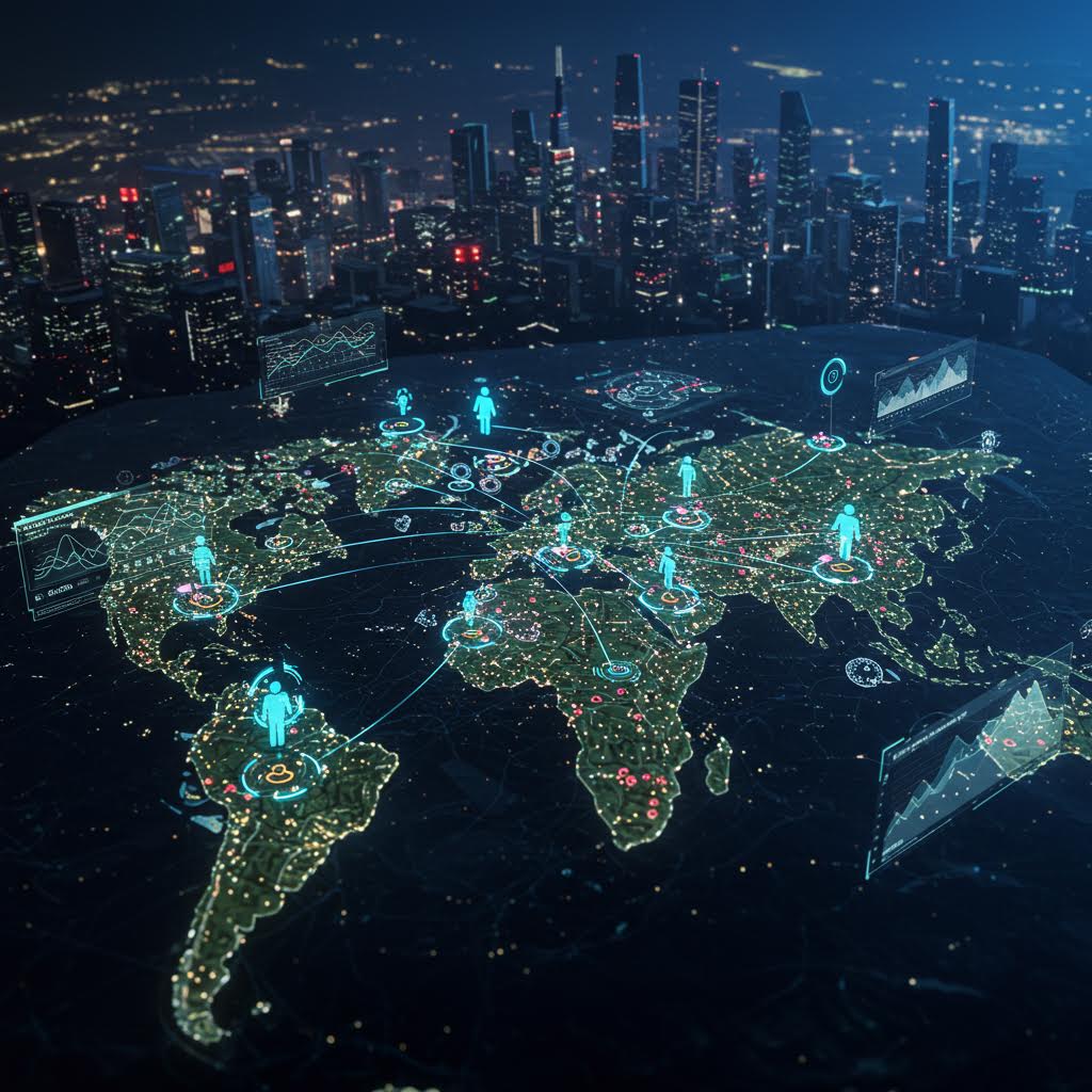 야경 속 글로벌 도시 위로 연결된 세계 지도와 데이터 네트워크가 시각화된 이미지로, 루믹스의 글로벌 데이터 통합 및 스마트 커뮤니케이션 플랫폼을 상징적으로 표현한 장면.