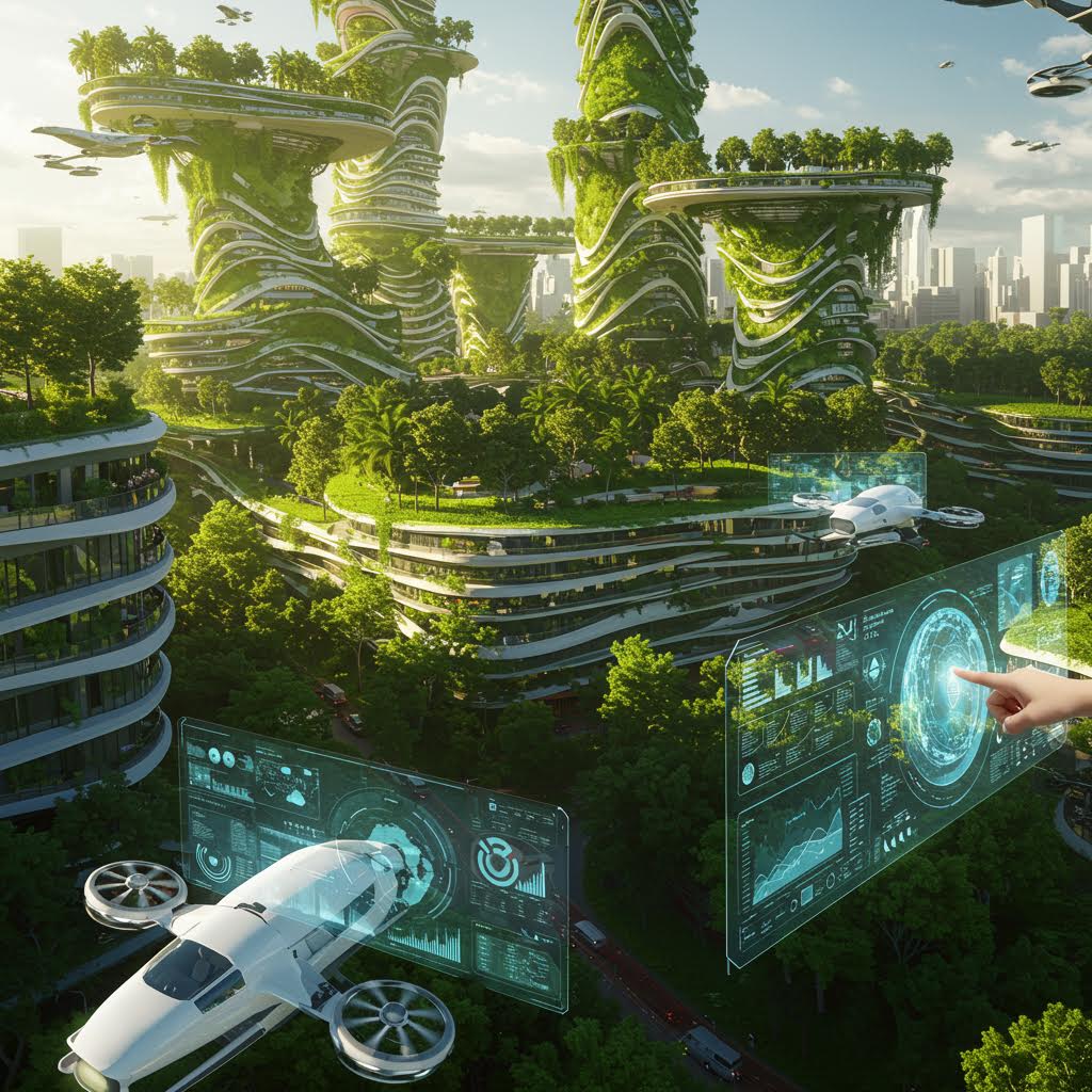 녹색 식물이 뒤덮인 미래 도시 위로 드론과 홀로그램 인터페이스가 어우러지며 기술과 자연이 공존하는 풍경
