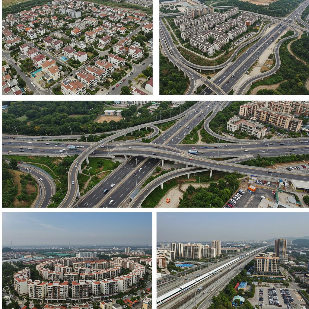 도시 외곽의 주거 단지와 복잡한 고속도로 교차로를 드론 시점에서 촬영한 장면으로, 루믹스의 스마트 인프라 모니터링 기술을 상징적으로 보여준다.