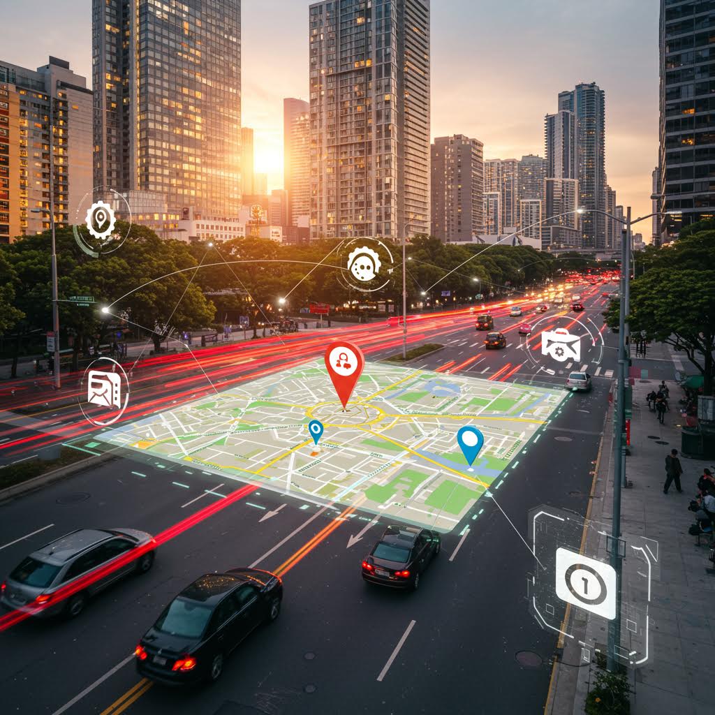 해질녘 도심 도로 위로 떠오른 지도 그래픽이 루믹스의 구축 방식을 닮은 연결의 흐름