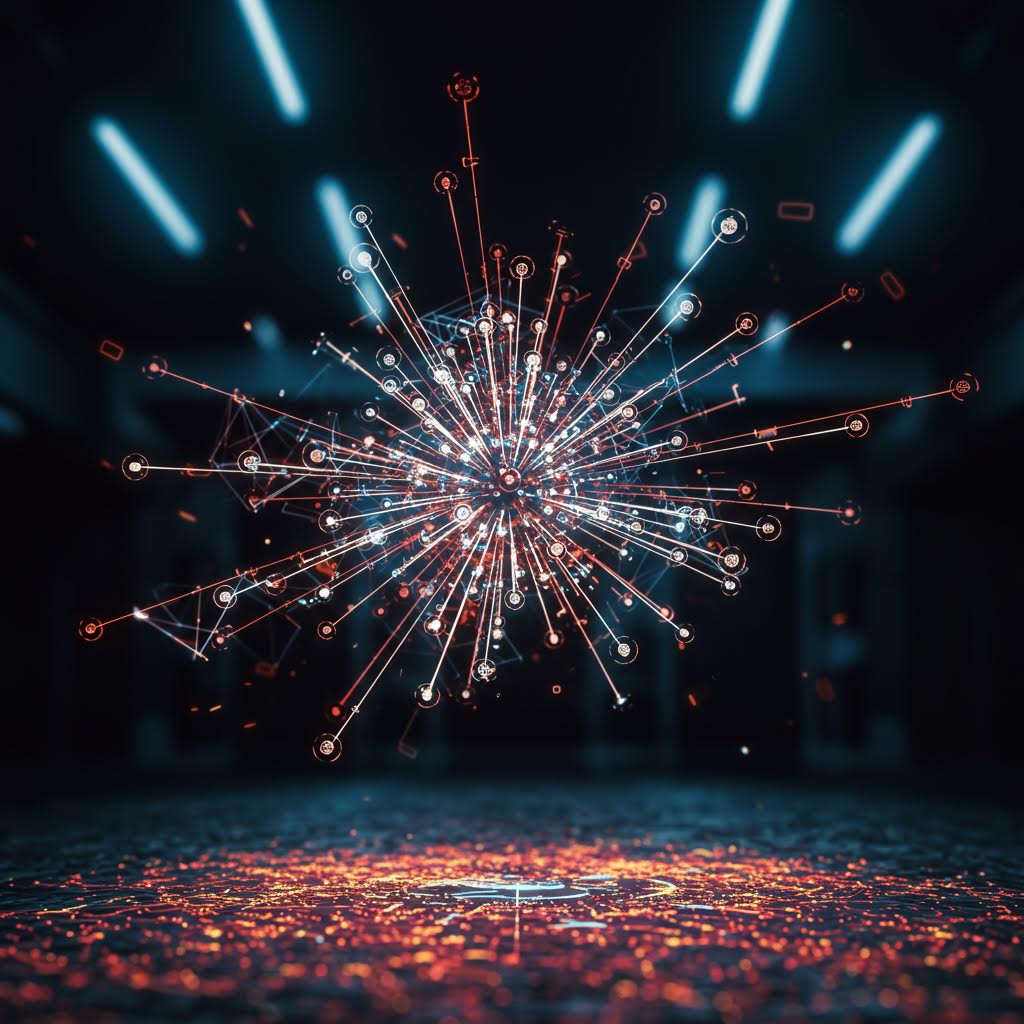 검은 우주 속 네온 프레임 안에 회전하는 은하수 같은 입자 소용돌이가 펼쳐져 있고, 바닥에 반사된 청홍 빛이 교차한다. 빅데이터 코어와 초고속 연산의 시각적 메타포.