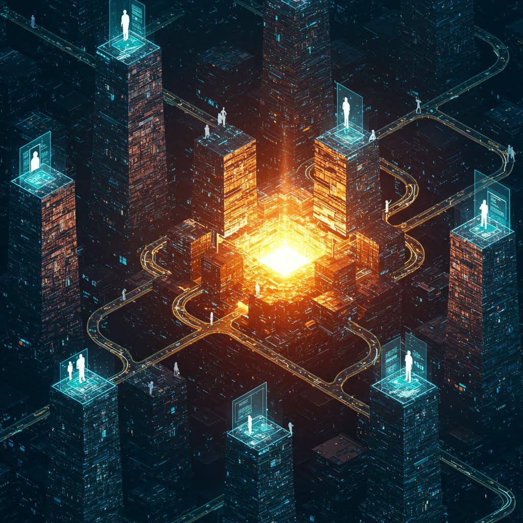 네온빛 도시의 중심에서 빛의 핵이 퍼지며 데이터와 인물이 연결된 미래형 네트워크의 장면