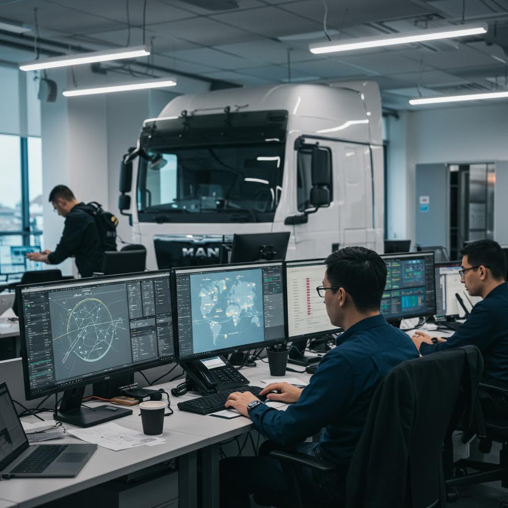 물류 차량과 디지털 지도 화면이 겹쳐진 풍경 속에서 루믹스를 연상시키는 운영의 체계가 드러나는 인상