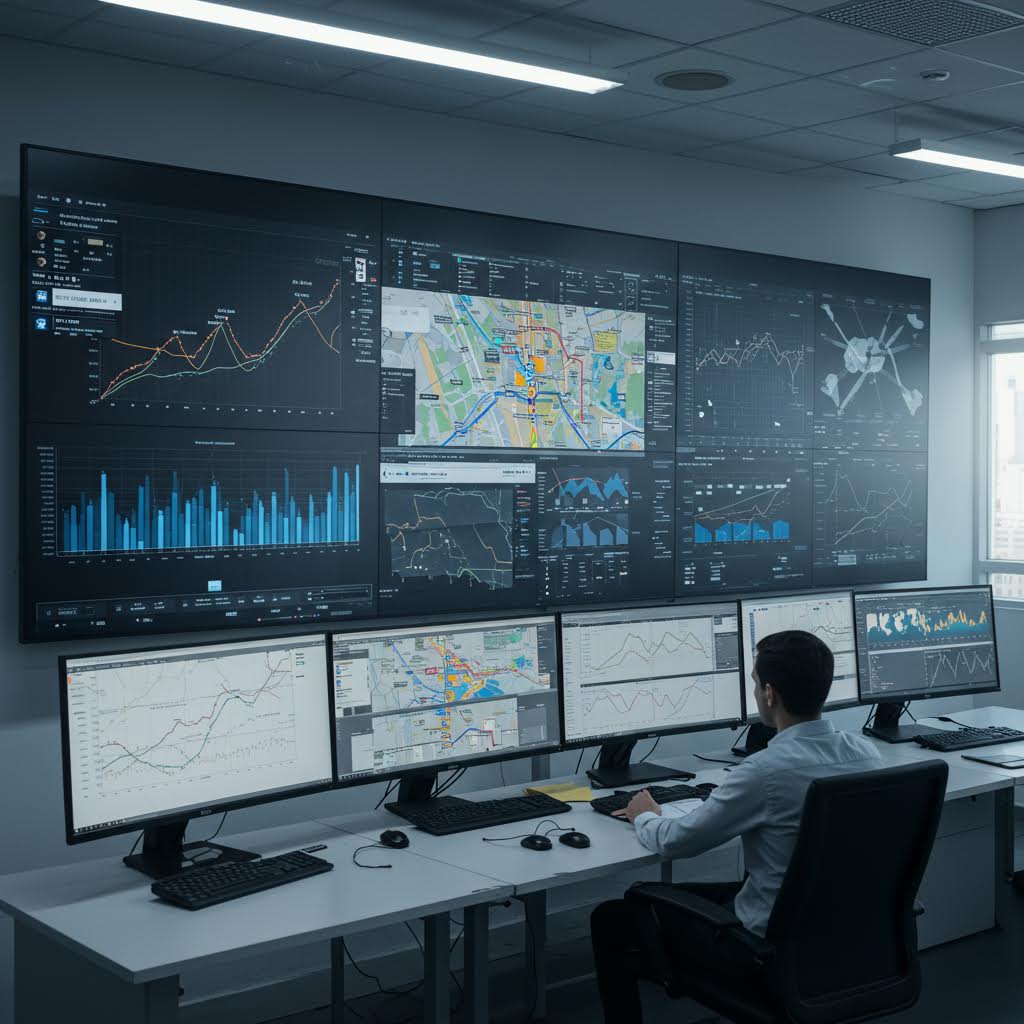 대형 스크린에 지도와 그래프가 동시에 펼쳐진 관제실 풍경에 루믹스를 닮은 솔루션적 체계가 드러나는 순간