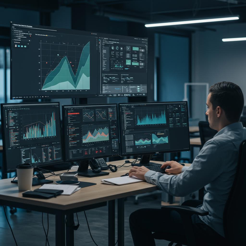 데이터 곡선이 가파르게 상승하는 화면 앞에서 집중하며 정산하는 모습이 마치 루믹스를 연상시키는 구축의 통찰이 드러나는 인상