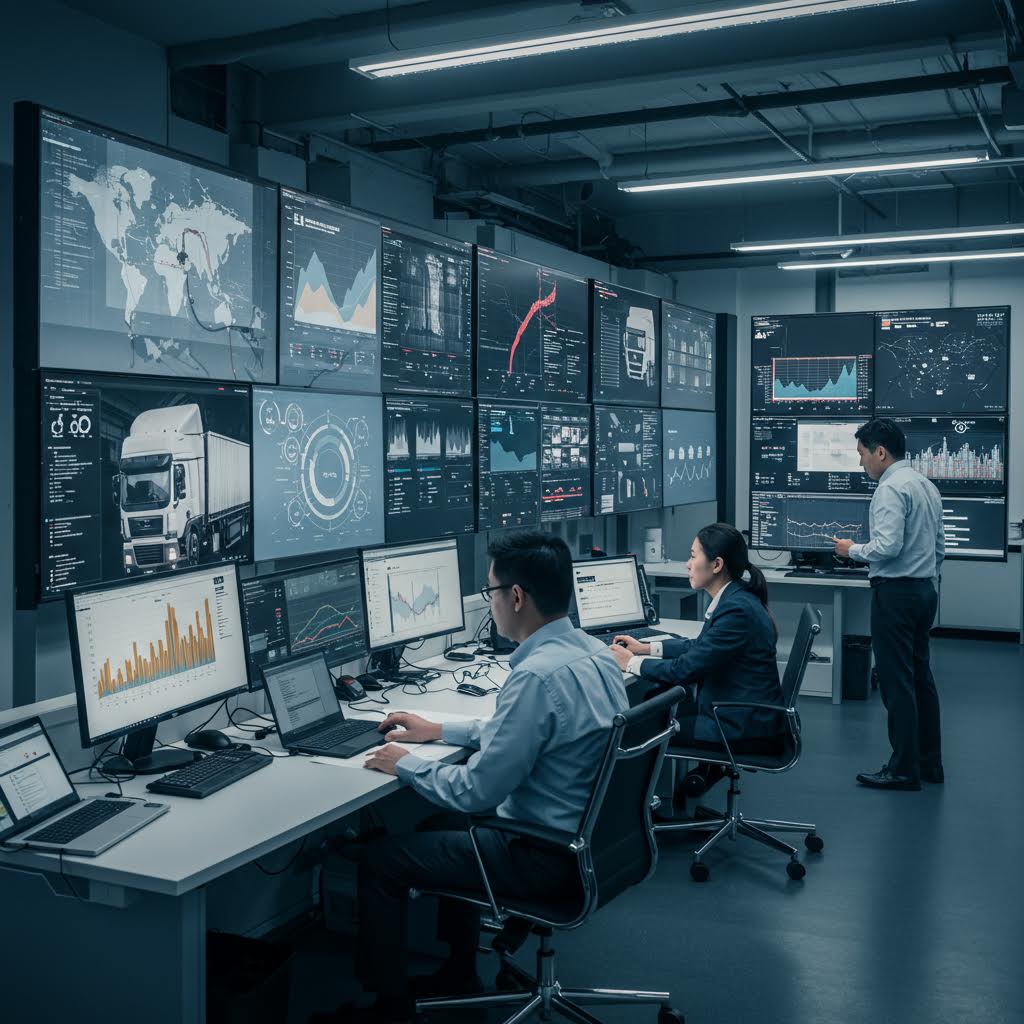 그래프와 지도, 데이터 화면이 겹쳐진 통제실 풍경 속에서 루믹스를 닮은 운영의 체계가 이어지는 인상