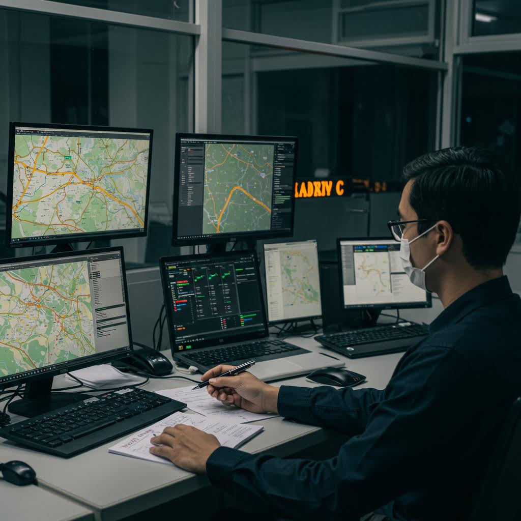 여러 대의 모니터에 지도와 수치가 펼쳐진 관제실 풍경 속에서 루믹스를 닮은 솔루션적 체계가 이어지는 순간