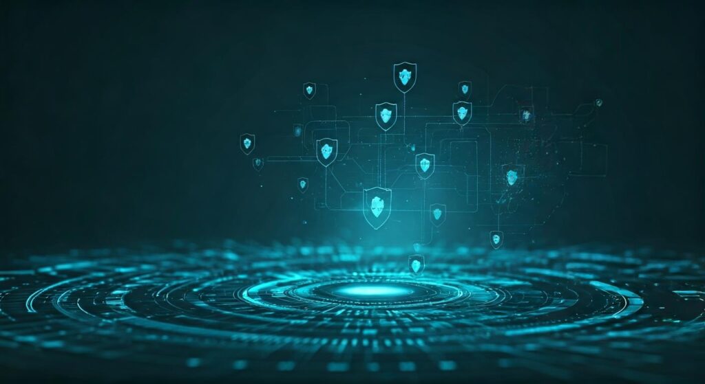 양자 데이터 전송 시스템 – 중앙의 구형 네트워크 코어에서 여러 방향으로 파란색 레이저 빔이 발사되는 첨단 양자 통신 인프라