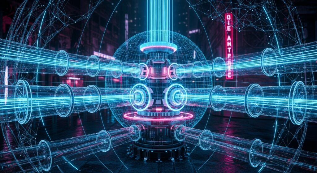 코어 인증 시스템 – 데이터 센터 환경에서 중앙 인증 허브가 네 방향으로 주변 보안 노드들과 연결된 통합 인증 구조