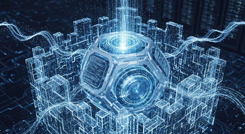 코어 인증 시스템 - 데이터 센터 환경에서 4방향 화살표로 연결된 중앙 인증 허브와 주변 보안 노드들이 있는 통합 인증 아키텍처