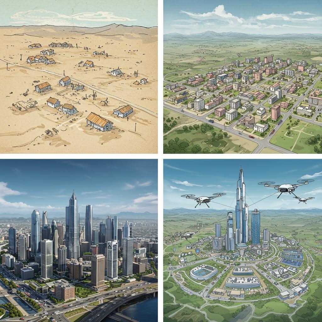 사막 정착지에서 교외, 현대 대도시, 드론이 있는 미래 도시로 발전하는 도시 발전의 4단계 진화