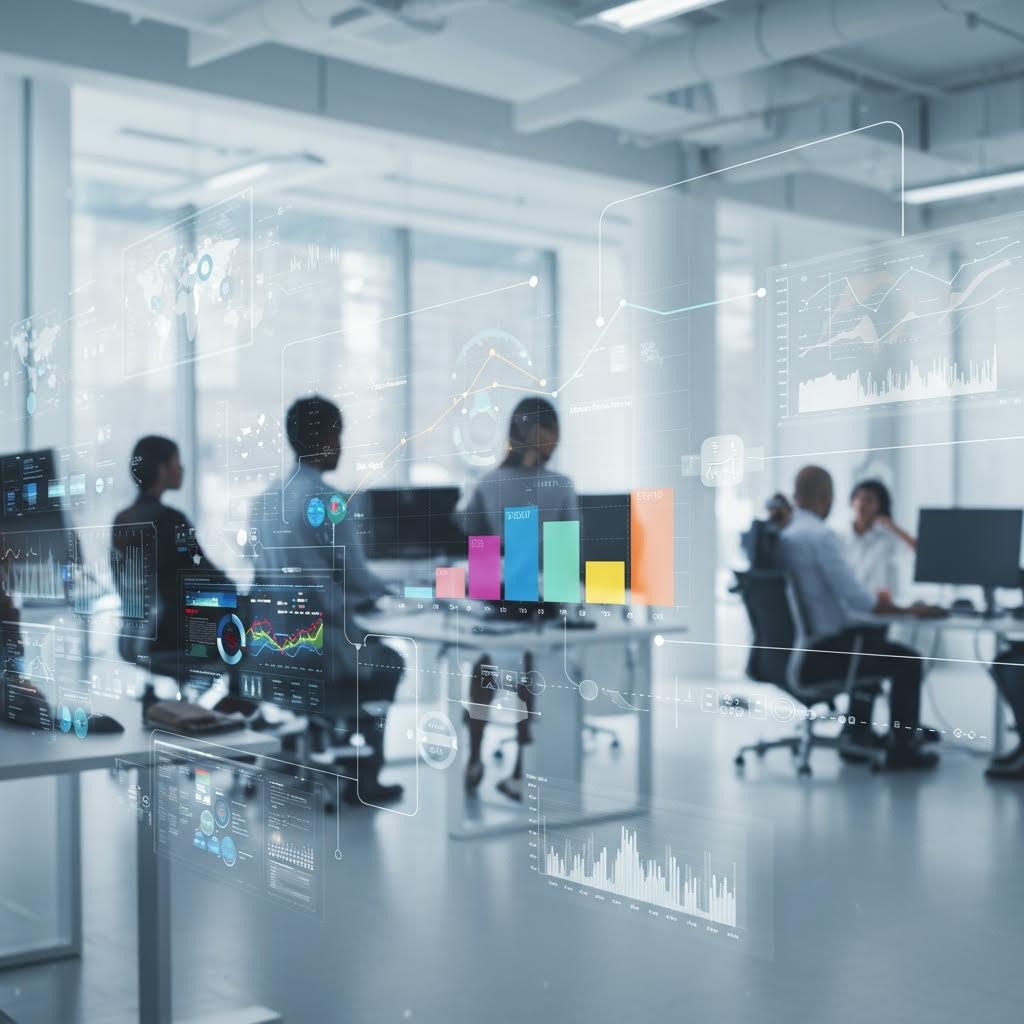 투명한 그래프 패널이 공중에 비치며 루믹스의 데이터 분석이 회의 공간 속에서 실시간으로 전개되는 장면