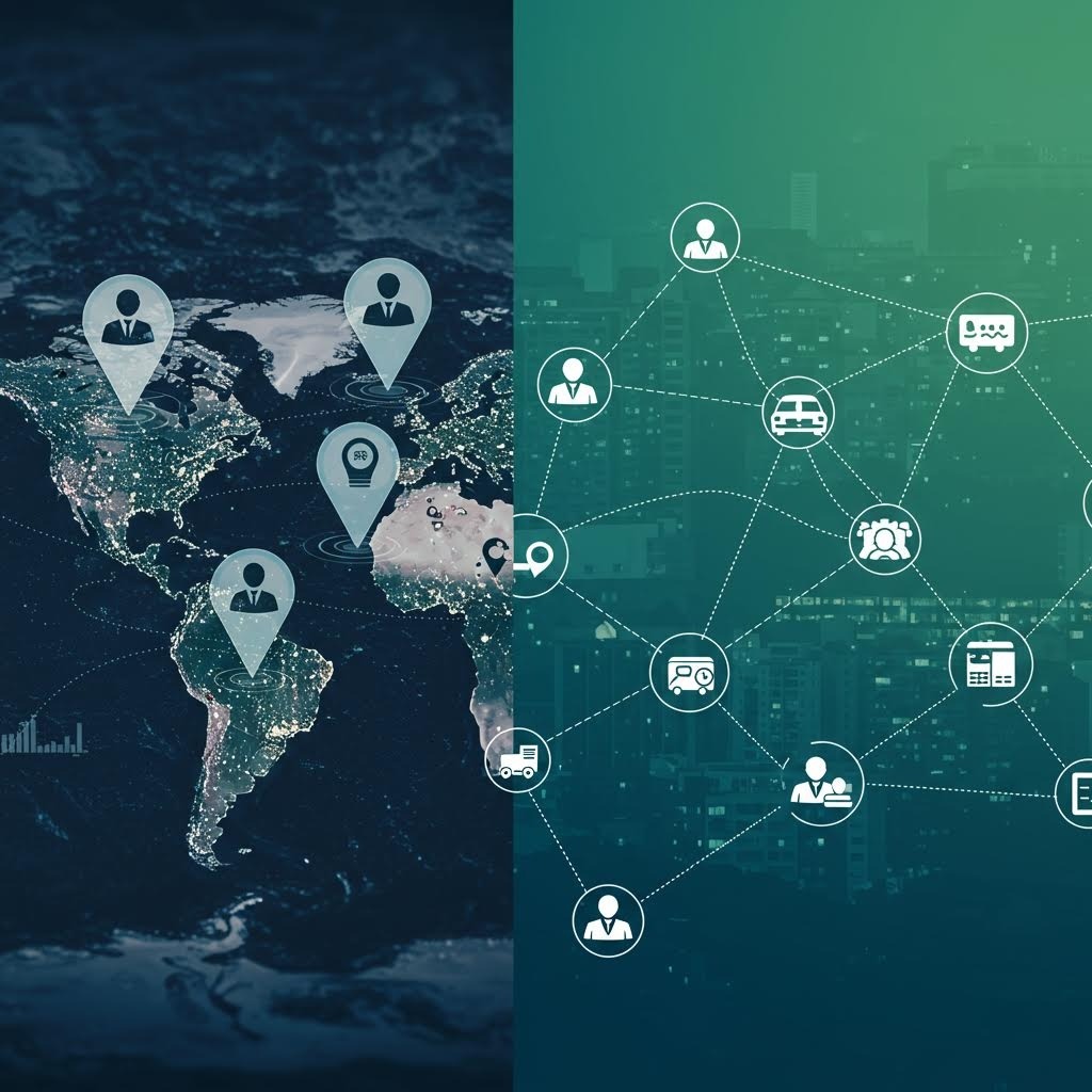 글로벌 지도와 물류, 차량, 인력 관리 아이콘이 연결된 네트워크를 보여주는 분할 화면 공급망 및 운송 시각화