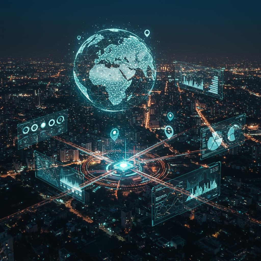 루믹스 글로벌 데이터 네트워크 야경 홀로그램 지구 IoT 연결