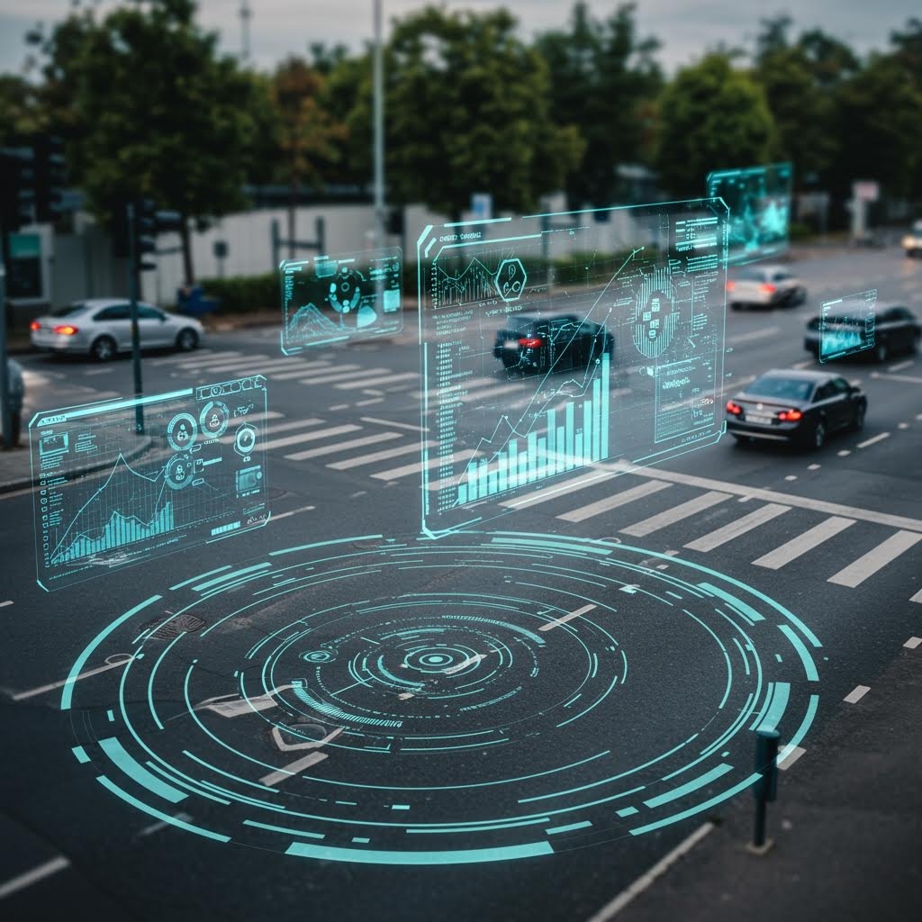 횡단보도가 있는 도심 교차로 위에 차량 추적 및 교통 분석을 위한 홀로그래픽 데이터 인터페이스가 오버레이된 스마트 시티 장면
